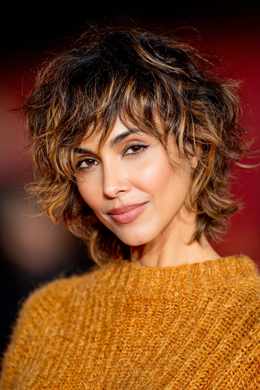 3.. Layered Shag mit Karamell -Highlights (funky Haarschnitte für ältere Frauen) - Funky Haarschnitte für ältere Frauen