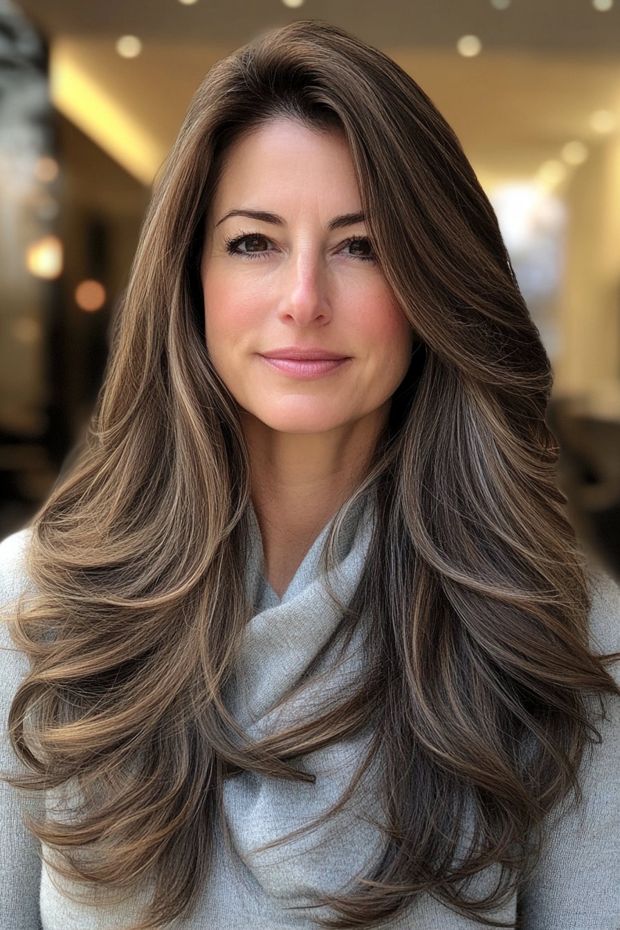 3.. Lange braune Vorhangschichten (Frisuren für Frauen über 40 mit langen Haaren) - Frisuren für Frauen über 40 mit langen Haaren