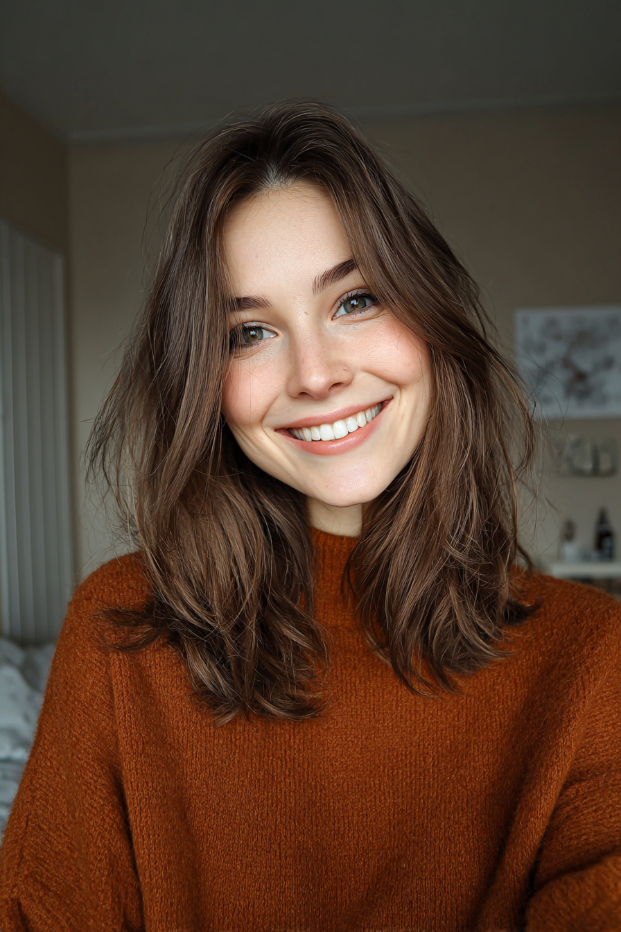 3.. Lange Gesichtsschichten mit Kastanienglanz (schulterlange geschichtete Frisuren) - schulterlange geschichtete Frisuren