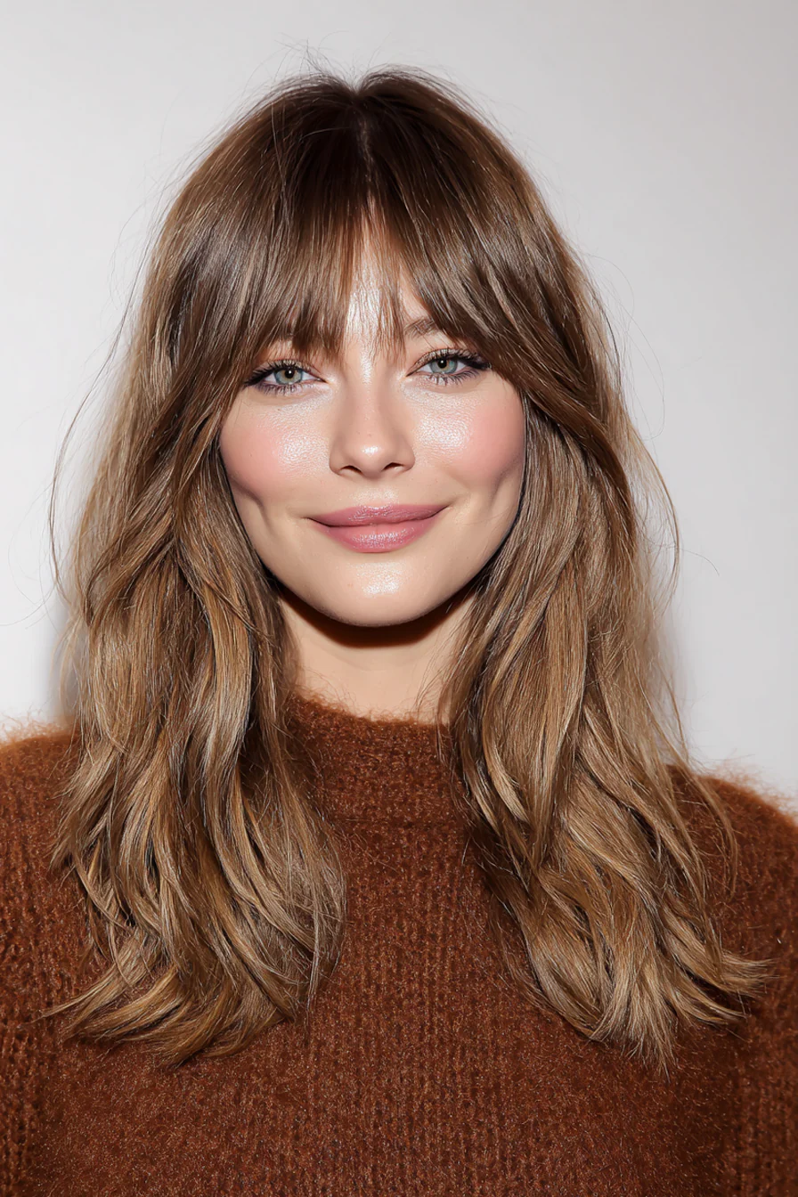 3. Lange gefiederte Schichten mit Karamell-Highlights (lange Stufenhaarschnitte für Damen) – Lange Stufenhaarschnitte für Damen