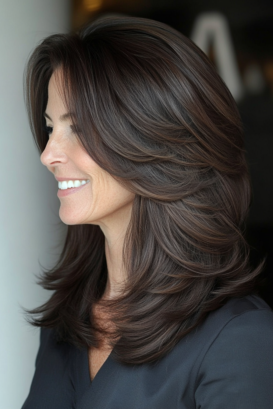 3.. Langschichtige Lob in dunkler Brünette (Hüftfrisuren für Frauen über 50) - Hüftfrisuren für Frauen über 50