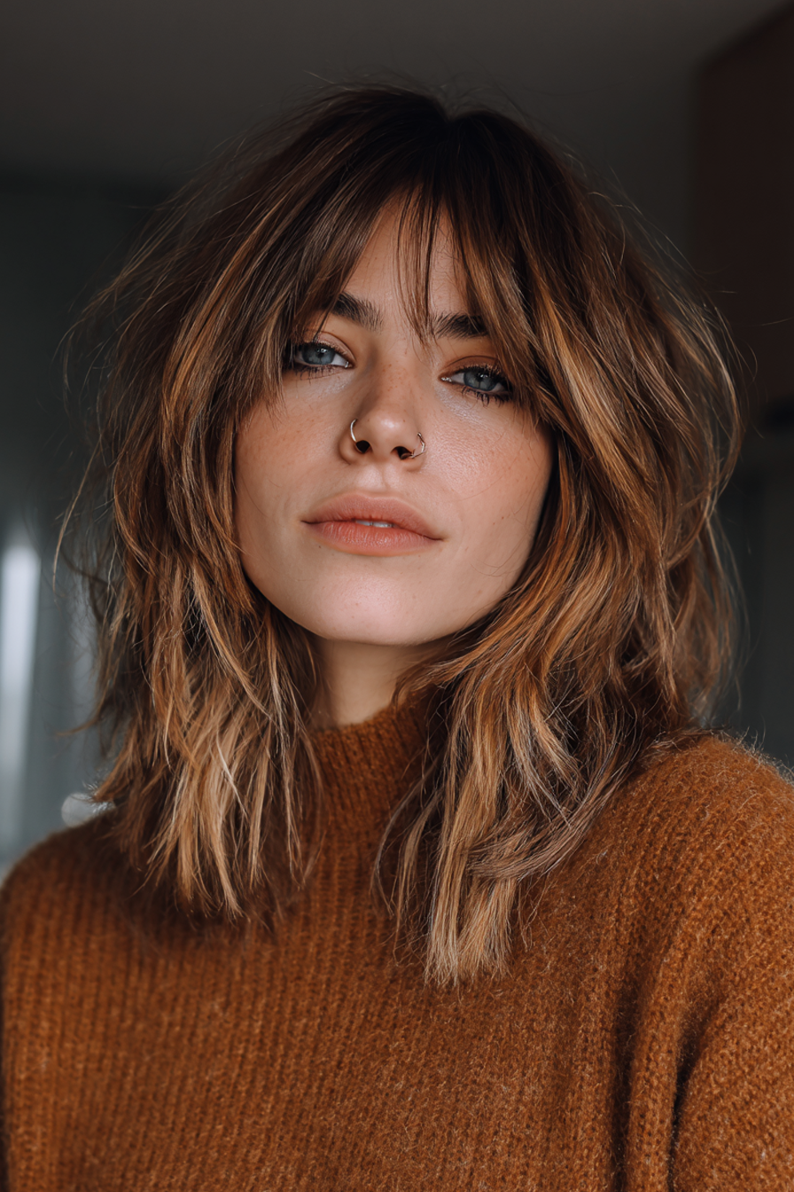 3.. Langer Shag mit Karamellbalayage (kantige Frisuren für Frauen über 40) - kantige Frisuren für Frauen über 40