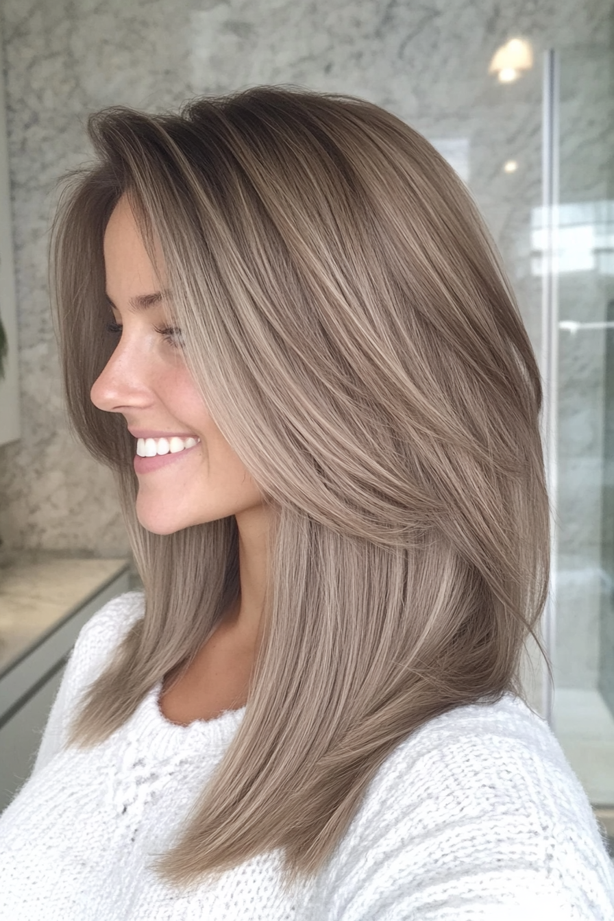 3. Aschebraun mit mittlerer Länge geschnitten mit wispigen Enden (glatte Haarhaarschnitte) - glatte Haarhaarschnitte