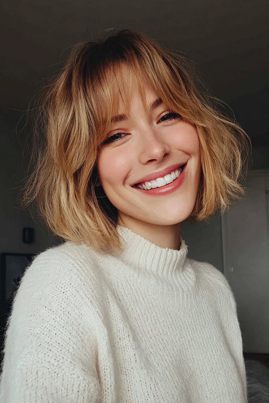 3. Moderner französischer Bob mit honigblondem Vorhang-Pony (Bob-Frisuren mit Pony) – Bob-Frisuren mit Pony