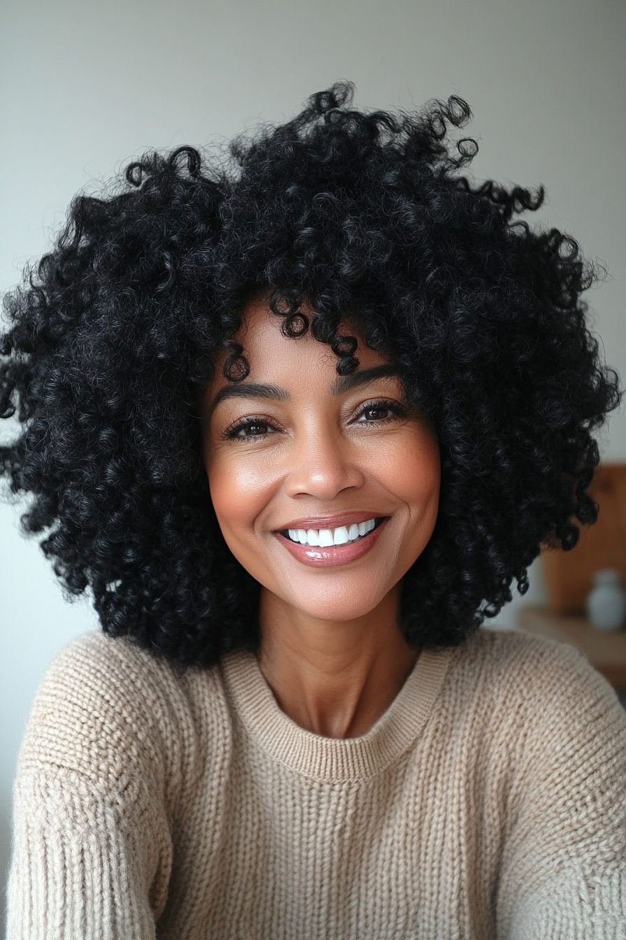 3.. Abgerundeter Afro mit tiefem Schwarz (Haarschnitte für Frauen über 50 mit lockigem Haar) - Haarschnitte für Frauen über 50 mit lockigem Haar