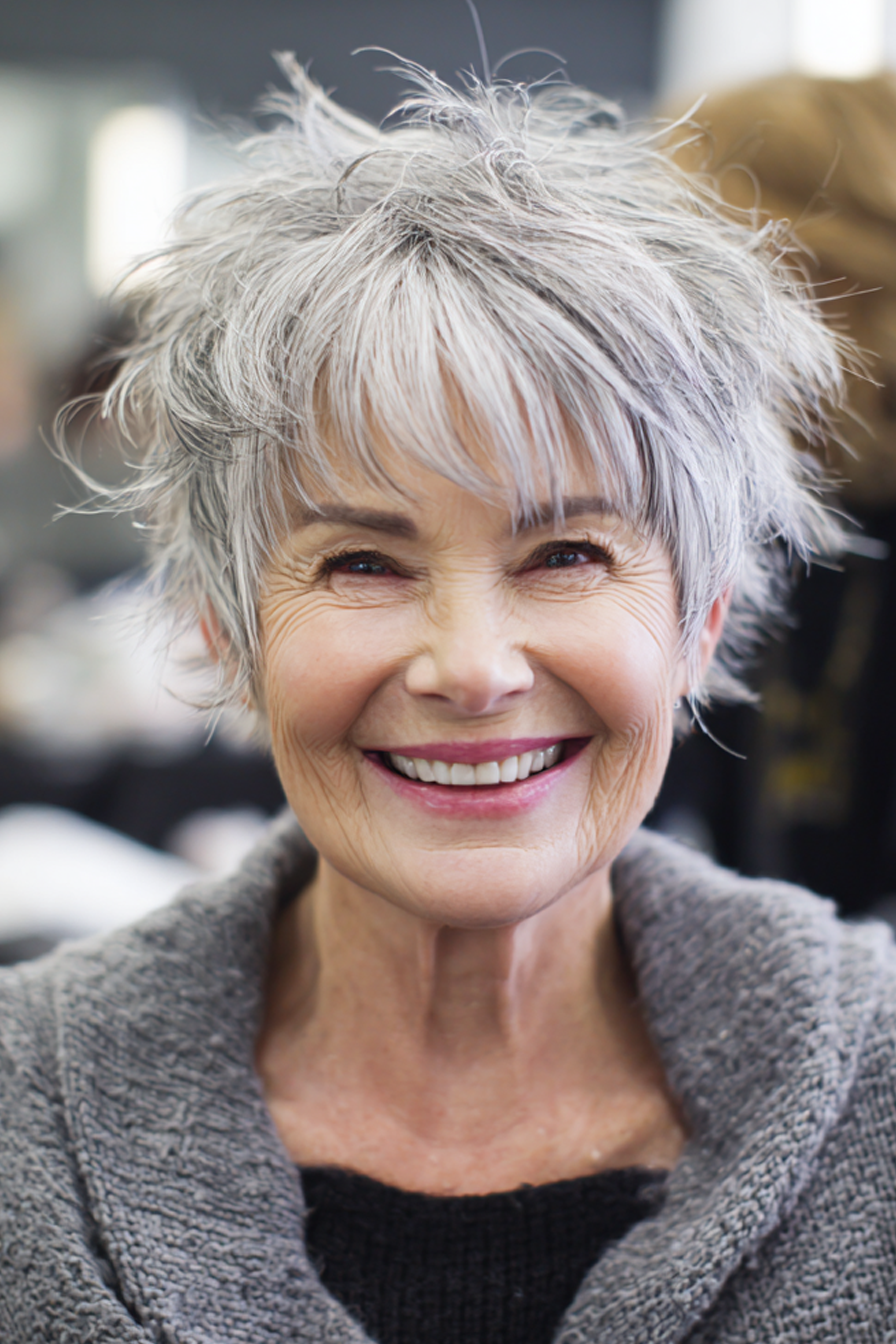 3. Salz-und-Pfeffer-zerzauster Pixie-Shag (kurze Shag-Frisuren für Frauen über 60) – Kurze Shag-Frisuren für Frauen über 60