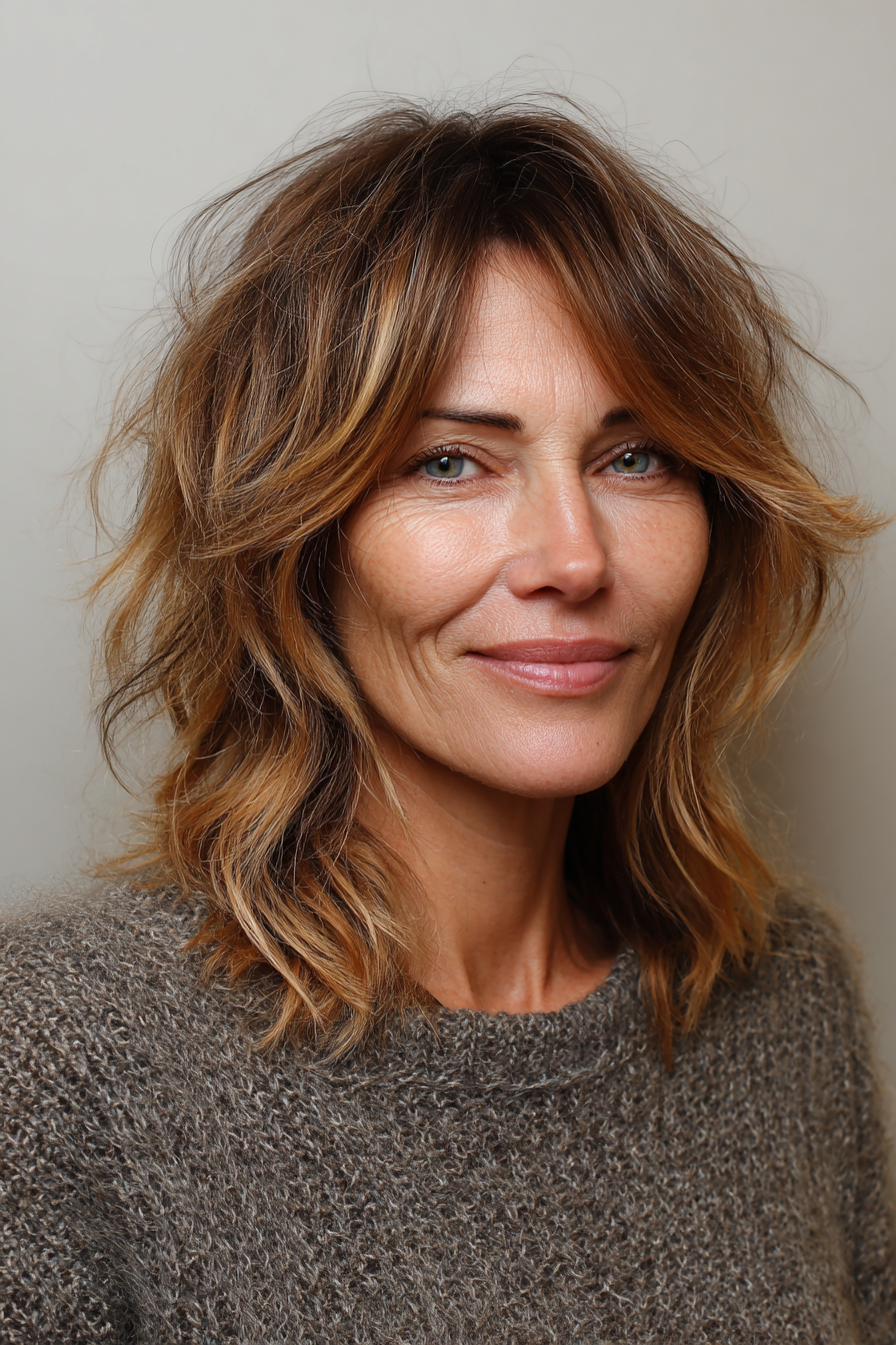 3. Shaggy -Schichten mit Honigbalayage (kantige Haarschnitte für Frauen über 50) - kantige Haarschnitte für Frauen über 50