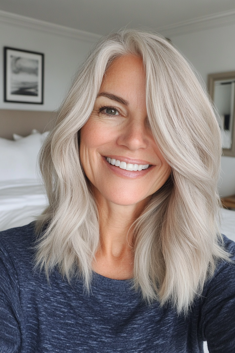 3.. Schulterlänge gemischte Schichten in natürlicher Eschenblond (Haarschnittideen für Frauen über 50) - Haarschnittideen für Frauen über 50