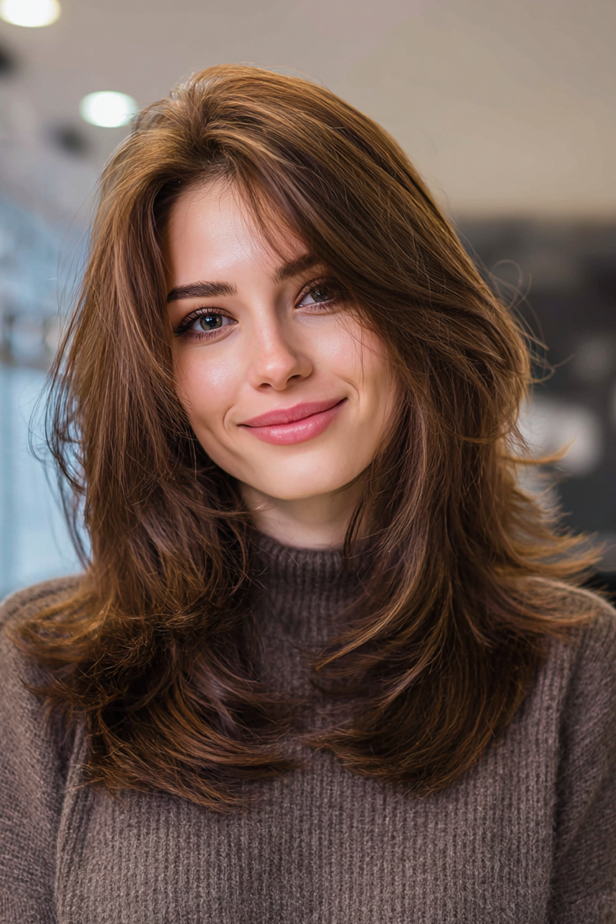 3. schulterlange Schichten mit weicher Kastanienbraun (geschichtete Haarschnitte für Frauen) - geschichtete Haarschnitte für Frauen