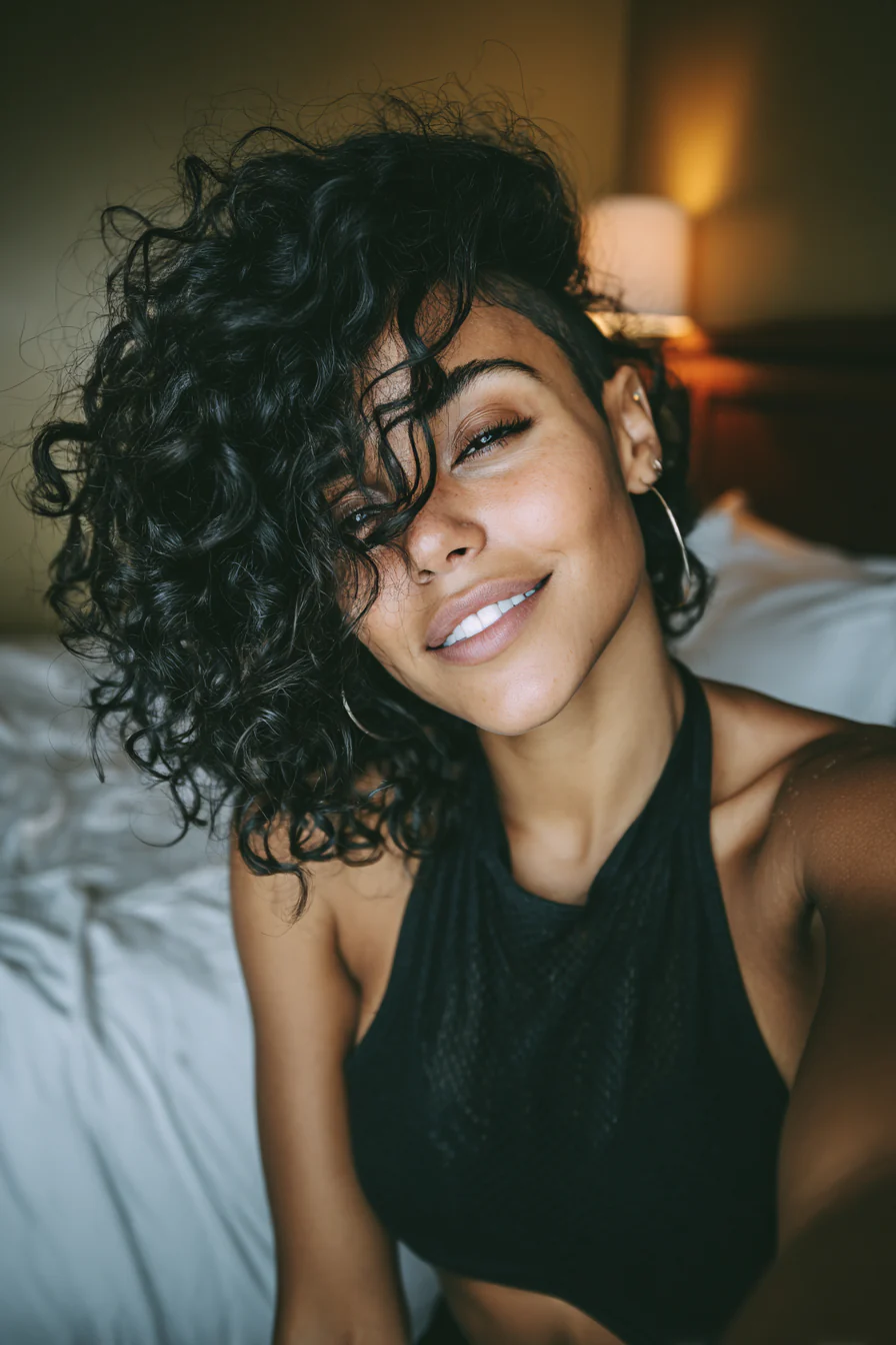 3. Seitlich geschwungene Locken in natürlichem Schwarz (kurze asymmetrische lockige Haarschnitte) – Kurze asymmetrische lockige Haarschnitte 