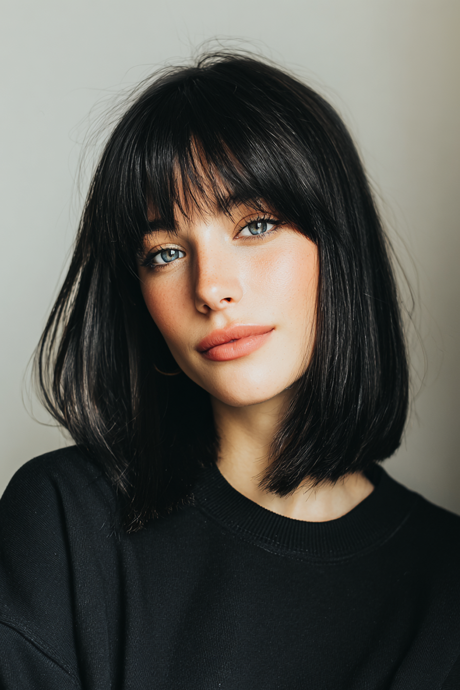 3. Schlankes Jet -Schwarz -Lob mit Wispy Fringe (lange Bob -Frisuren mit Pony) - Lange Bob -Frisuren mit Pony