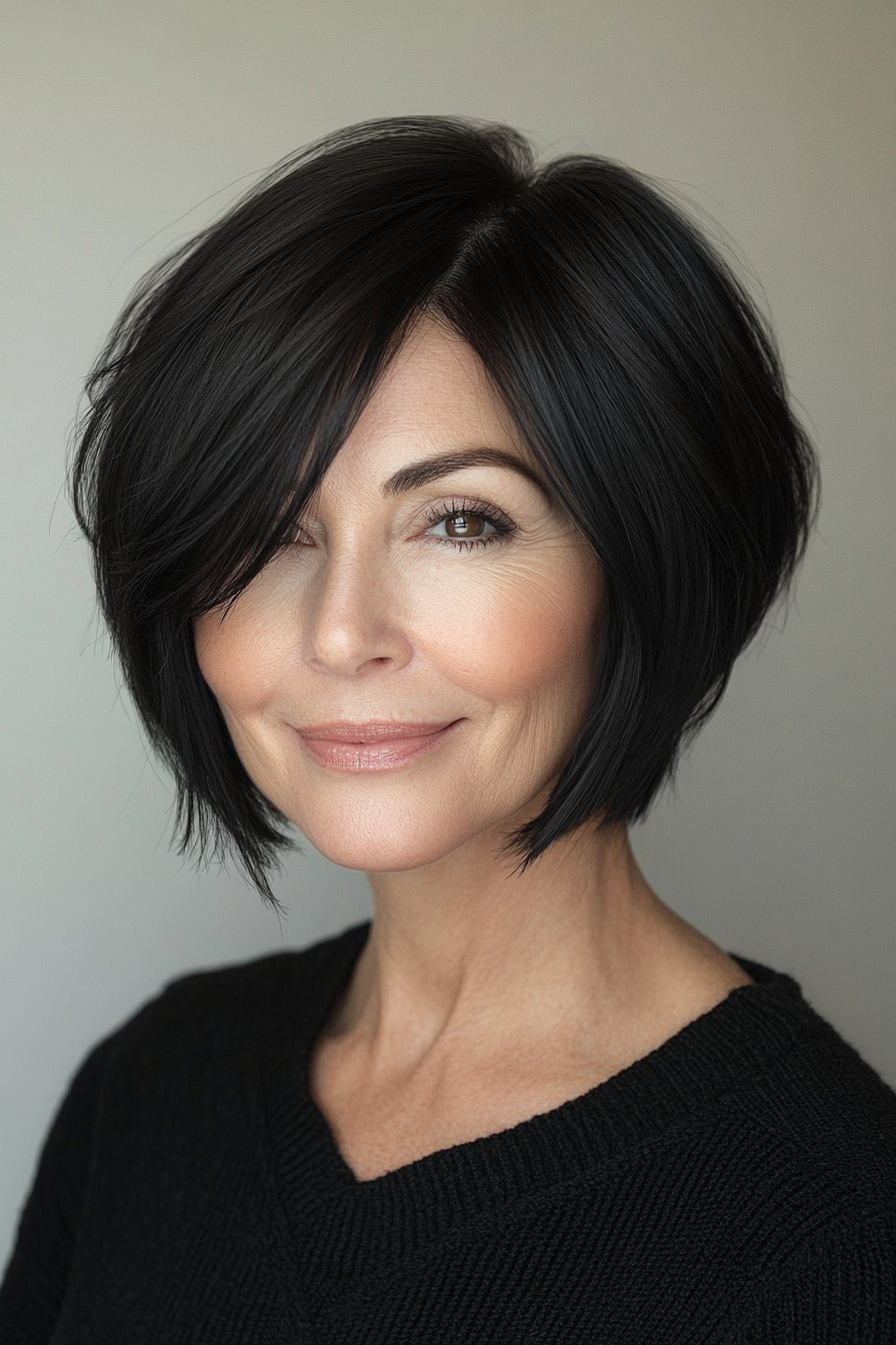 3. Sleek Side -Parted Bob in Natural Black (kurze kantige Haarschnitte für Frauen über 50) - kurze kantige Haarschnitte für Frauen über 50