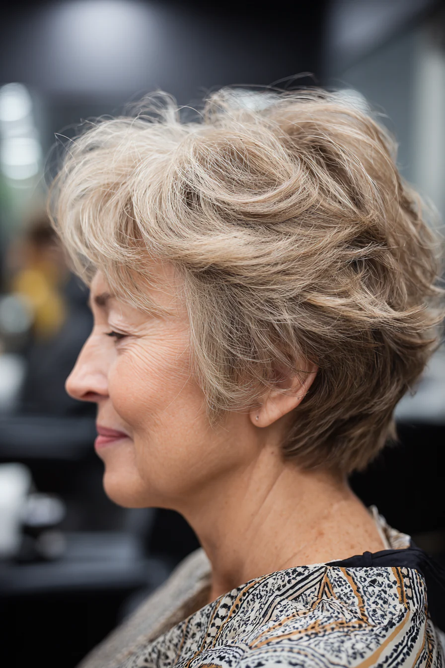 3. Weicher, gefiederter Haarschnitt – Aschblond (kurze Frisuren für ältere Frauen mit dickem Haar) – Kurze Frisuren für ältere Frauen mit dickem Haar