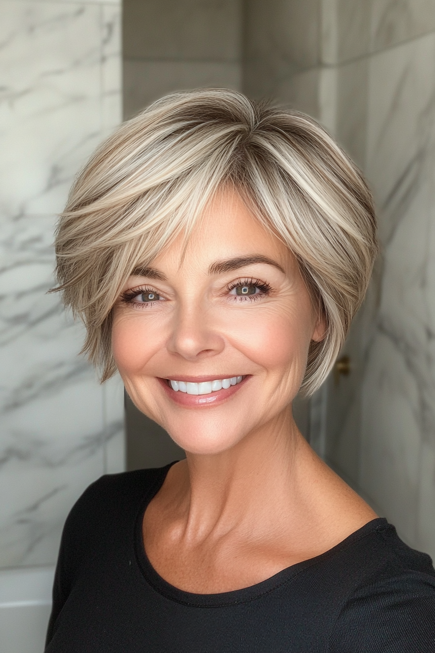 3.. Verjüngende Ernte mit subtilen aschblonden Highlights (kurze Haarschnitte für ältere Frauen mit dickem Haar) - kurze Haarschnitte für ältere Frauen mit dickem Haar