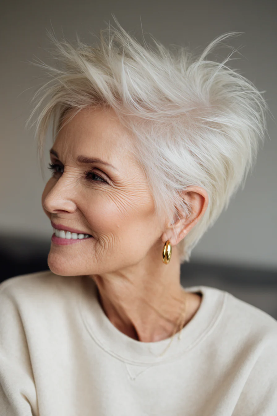 3. Pixie mit spitz zulaufendem Hals in Schneeweiß (Haarschnitte für Frauen über 60 mit schütterem Haar) – Haarschnitte für Frauen über 60 mit schütterem Haar