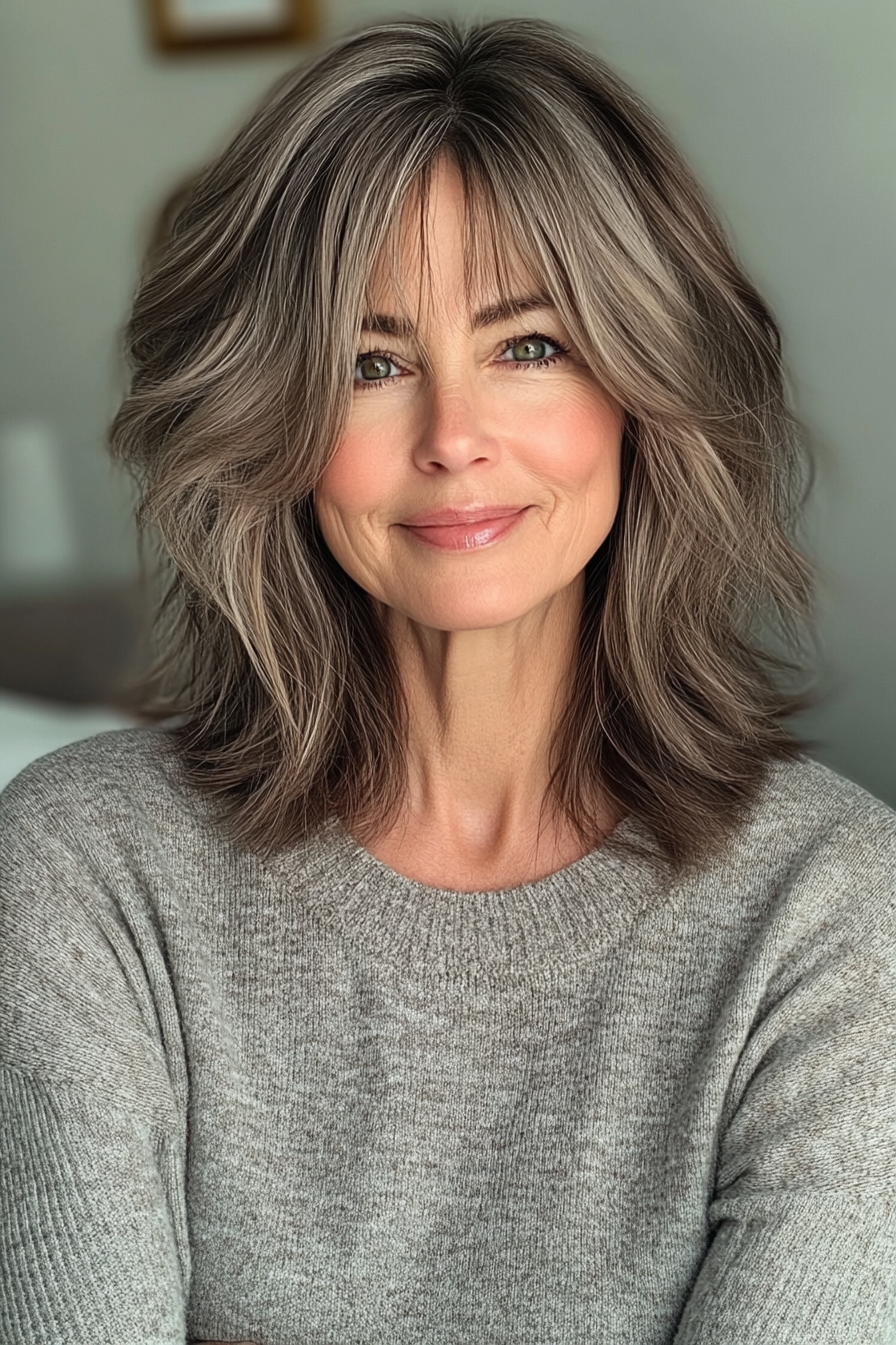 3.. Strukturierte aschbraune Shag mit Vorhang Pony (Shag Frisuren für Frauen über 60) - Shag Frisuren für Frauen über 60