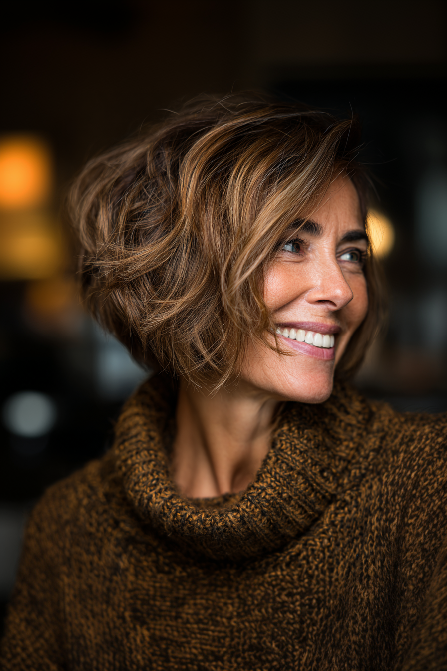 3.. Strukturierte Karamell in Scheiben geschnittene Bob (mittelgroße Bob -Haarschnitte für ältere Frauen) - mittelgroße Bob -Haarschnitte für ältere Frauen