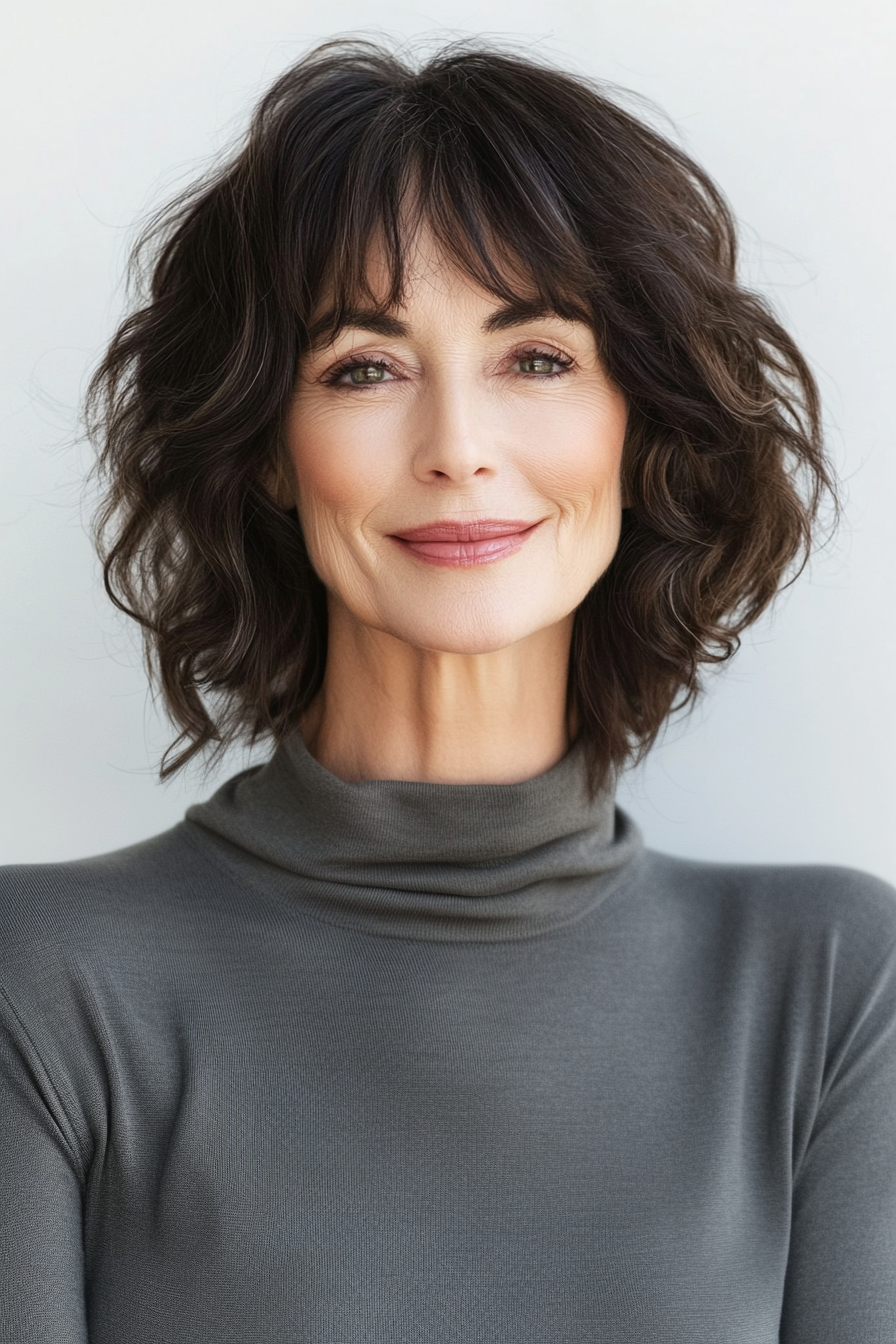 3.. Strukturierte LOB mit dunklen Brauntönen (Haarschnitte für ältere Frauen mit welligem Haar) - Haarschnitte für ältere Frauen mit welligem Haar