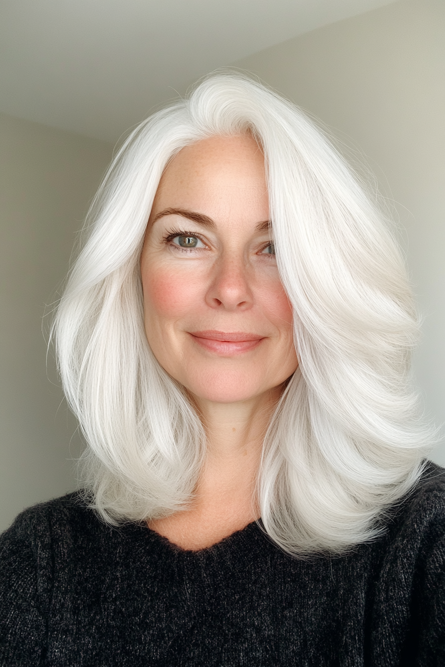 3.. Textured Lob mit schneebedecktem Platinweiß (Frisuren für Frauen über 60 mit weißem Haar) - Frisuren für Frauen über 60 mit weißen Haaren