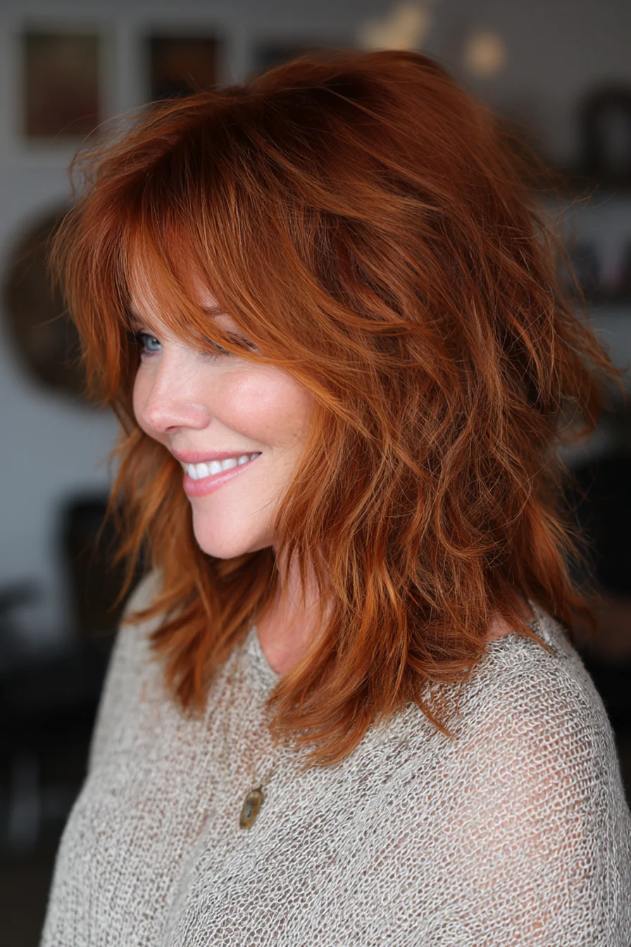 3. Strukturierter Midi-Shag mit Kupfer-Highlights (zottelige Haarschnitte für Frauen über 40) – Zottelige Haarschnitte für Frauen über 40