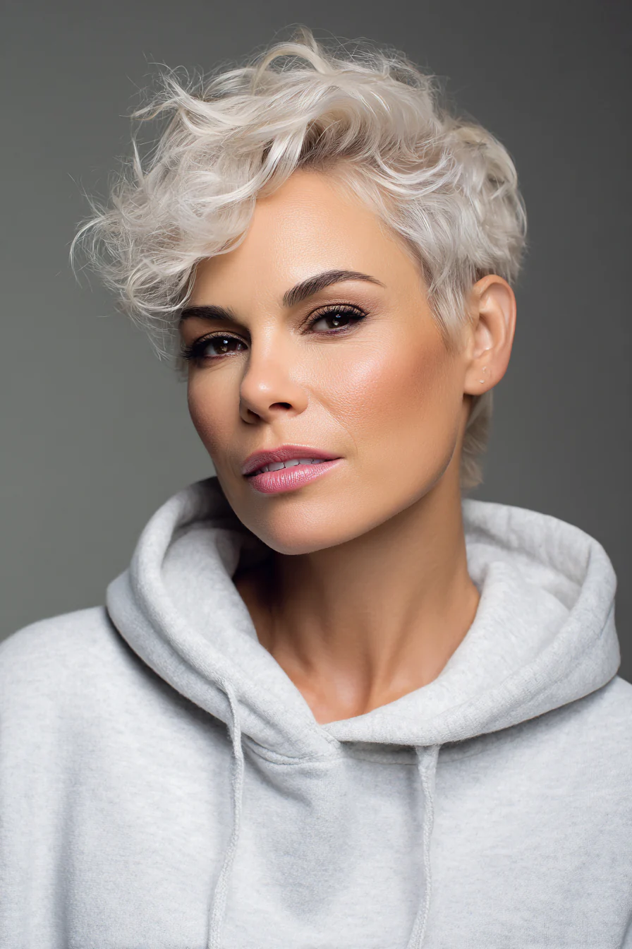 3. Strukturierte Pixie-Wellen (Platinblond) (Kurze gewellte Frisuren für Frauen über 40) – Kurze gewellte Frisuren für Frauen über 40