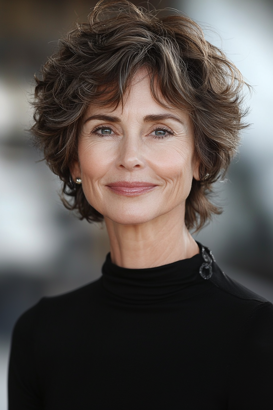 3.. Strukturierte Pixie mit aschebraunen Tönen (Haarschnitte für Frauen über 60 mit welligen Haaren) - Haarschnitte für Frauen über 60 mit welligen Haaren