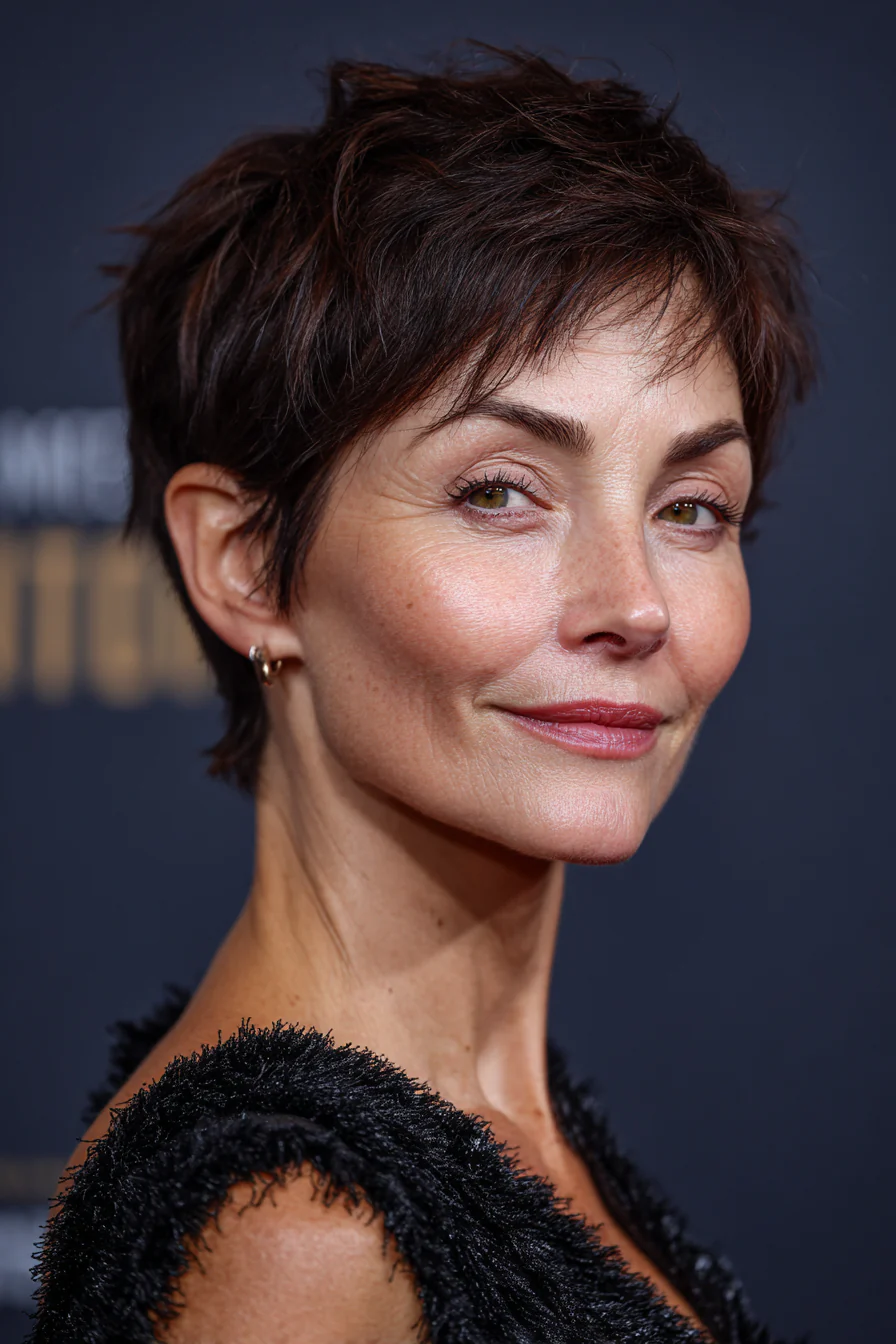 3. Strukturierter Pixie mit dunkelbrauner Tiefe (Elegante Frisuren für Frauen über 40) – Elegante Frisuren für Frauen über 40