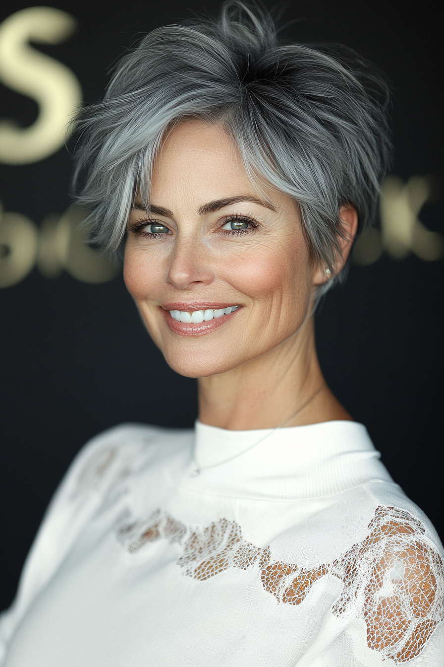 3.. Textured Salz und Pfefferpixie mit weichen schwarzen Untertönen (Salz- und Pfefferfrisuren für Frauen über 50) - Salz- und Pfefferfrisuren für Frauen über 50