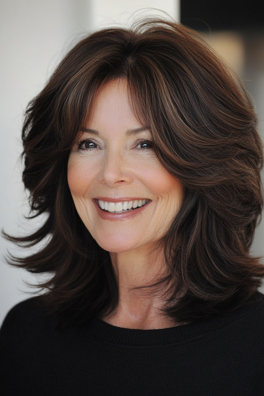 3.. Textured Shag mit dunkler Schokolade (Ausschnitt Länge Haarschnitte für ältere Frauen) - Ausschnittslänge Haarschnitte für ältere Frauen