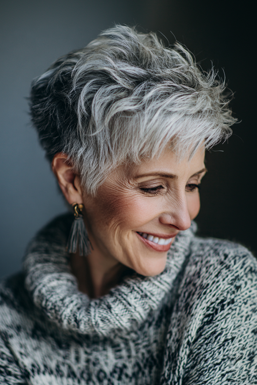 3. Voluminöser Pixie mit Salz- und Pfeffereffekt (Stufen-Pixie-Haarschnitte für Frauen über 60) – Stufen-Pixie-Haarschnitte für Frauen über 60