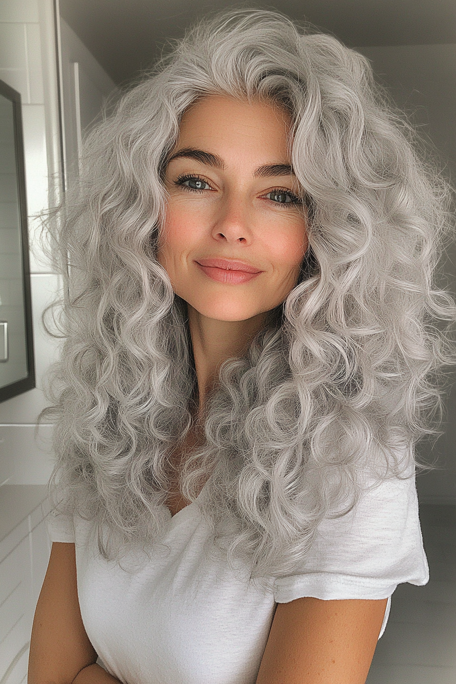 3. Voluminous Silber Curls mit Seitenknalls (lockige Frisuren für Frauen über 50 mit Pony) - lockige Frisuren für Frauen über 50 mit Pony