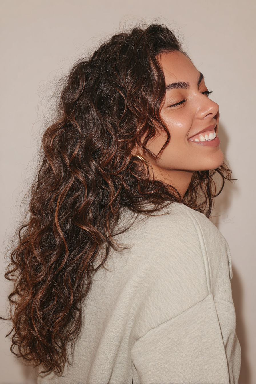 3. Taillenlange Shag mit Mokka -Schmelze (lange Haarschnitte für lockiges Haar) - lange Haarschnitte für lockiges Haar