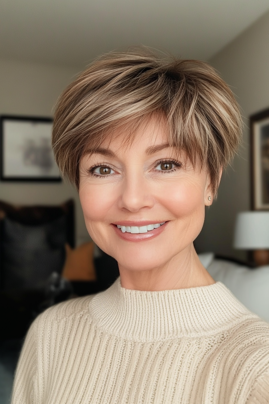 3. Warme braune, wispige Ernte (kurze Haarschnitte für Frauen über 60 mit feinem dünnem Haar) - kurze Haarschnitte für Frauen über 60 mit feinem dünnem Haar