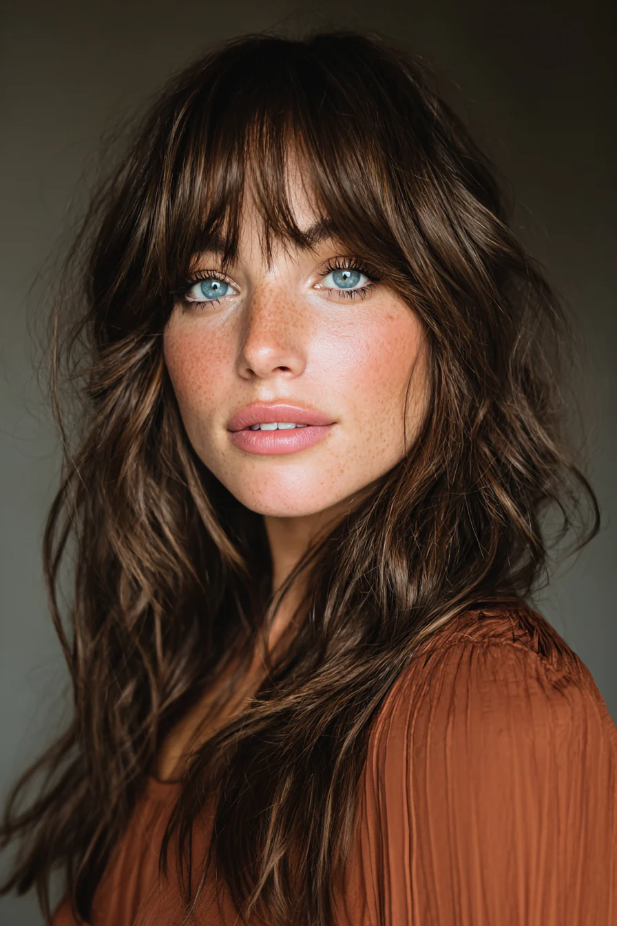 3. Wispy Curtain Bangs mit dunklen Walnussschichten (Brautjungfernfrisuren) – Brautjungfernfrisuren