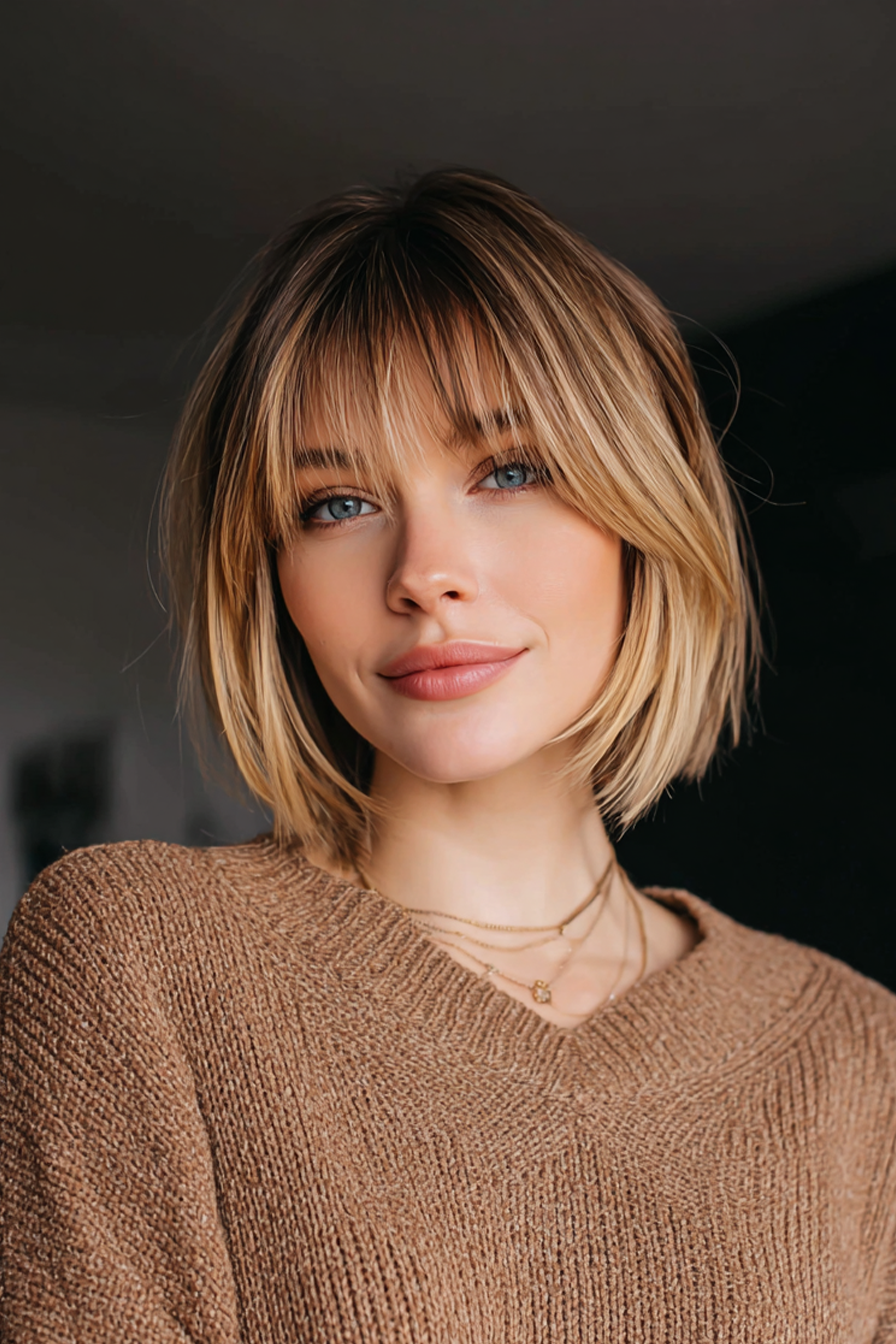 4. A -Line Bob mit Vorhang Pony in Honig Balayage (kurze Bob -Frisuren mit Pony) - kurze Bob -Frisuren mit Pony