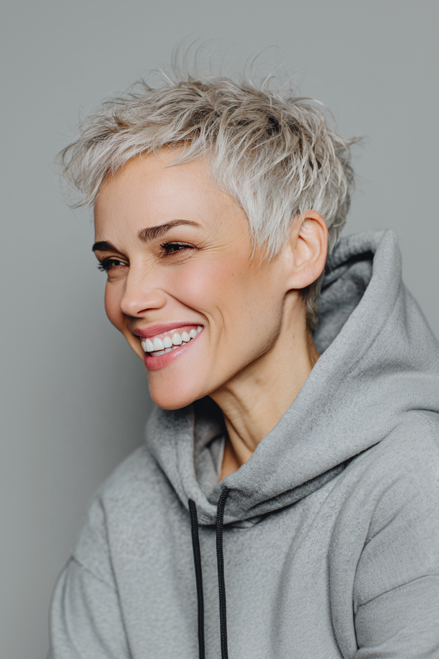 4. Ashblonde sich verjüngende Pixie (Pixie -Frisuren für Frauen über 40) - Pixie -Frisuren für Frauen über 40