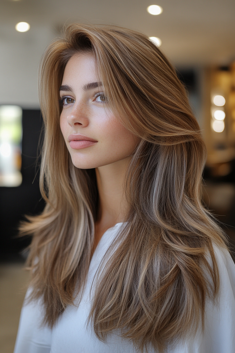 4. Aschebraune Gesichtsschichten (lang geschichtete Haarschnitte) - lang geschichtete Haarschnitte