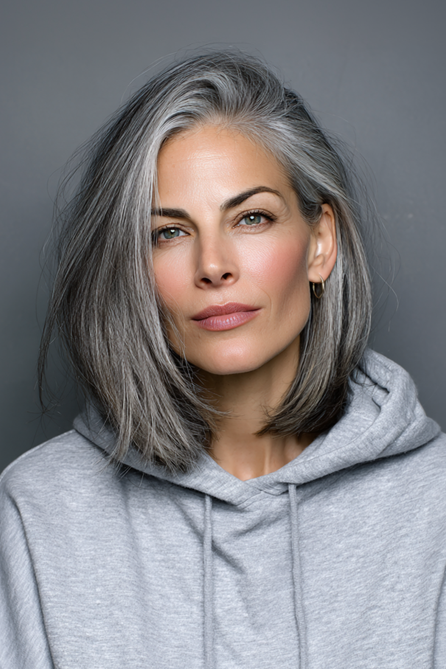 4. Asche graue schulterlange Lob (graue Frisuren für Frauen über 40) - Graue Frisuren für Frauen über 40