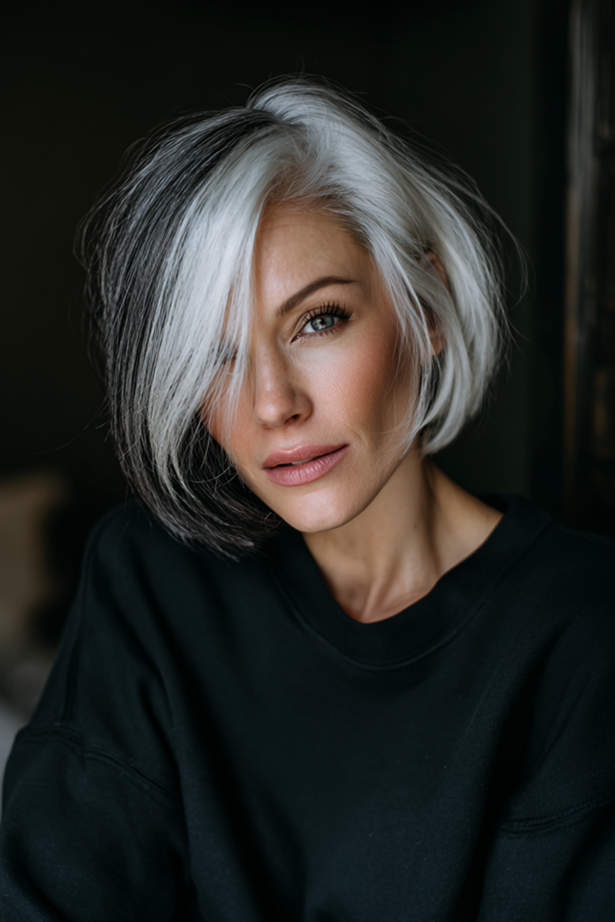 4. Asymmetrischer Bob mit silbernen Highlights (freche Frisuren für Frauen über 40) - freche Frisuren für Frauen über 40
