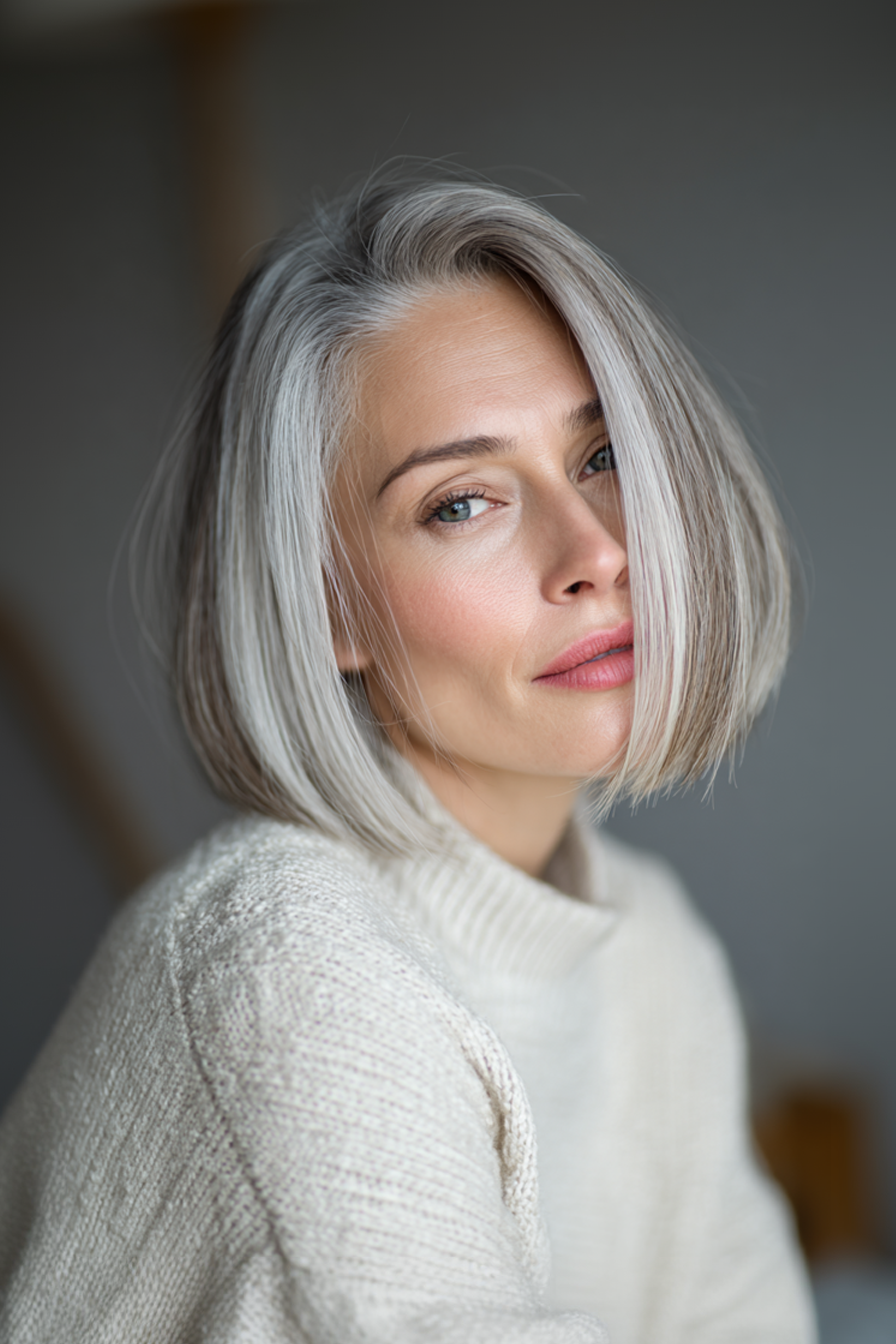4. Blunt Bob mit eisigen Highlights (mittlere Bob -Haarschnitte für ältere Frauen) - mittelgroße Bob -Haarschnitte für ältere Frauen