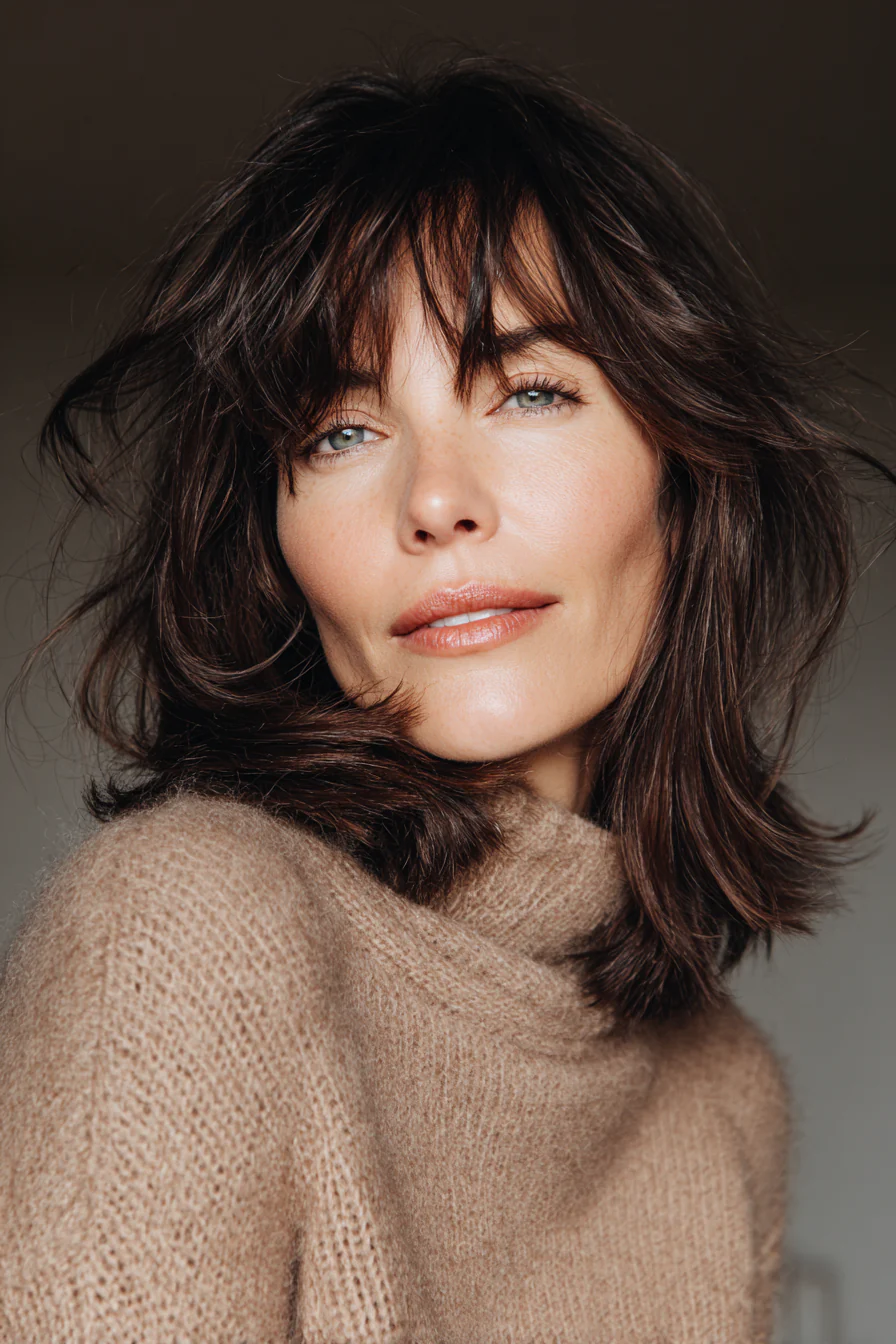 4. Brünetter Shag mit feinem Pony (Edle Frisuren für Frauen über 50) – Edle Frisuren für Frauen über 50