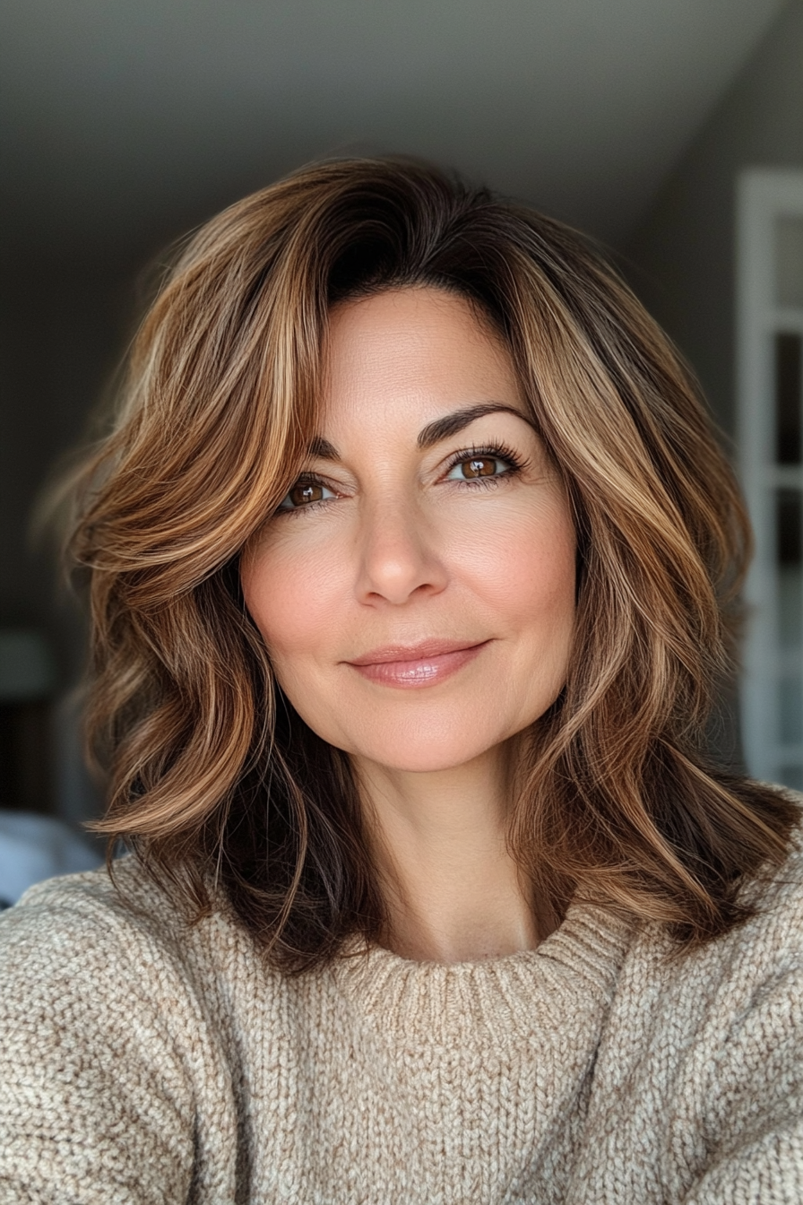 4. Karamellbalayage mittelgeschnitten (mittelgroße Haarschnitte für Frauen über 60) - Haarschnitte mit mittlerer Länge für Frauen über 60
