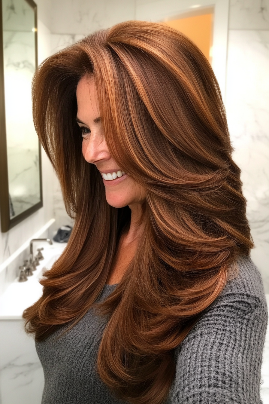 4. Kastanienbraune Schichten (lang geschichtete Haarschnitte für ältere Frauen) - lang geschichtete Haarschnitte für ältere Frauen