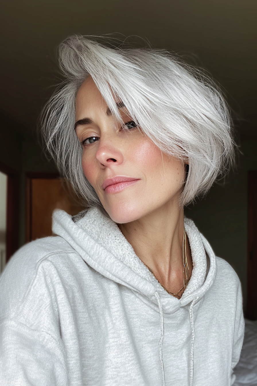 4. Chic Asymmetrical Bob in eisigem Weiß (kurze Haarschnitte für ältere Frauen mit weißem Haar) - kurze Haarschnitte für ältere Frauen mit weißem Haar