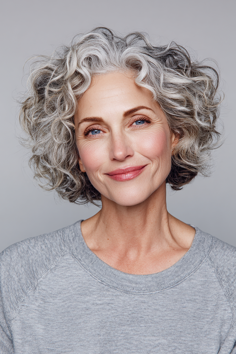 4. Kinnlänge lockiger Bob mit silbernen Akzenten (kurze lockige Frisuren für Frauen über 40) - kurze lockige Frisuren für Frauen über 40