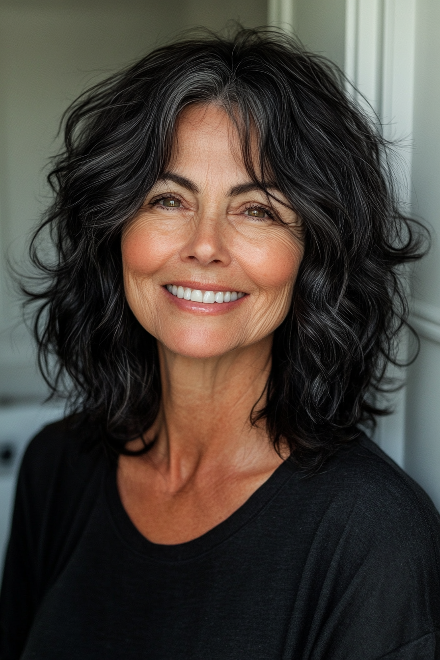 4. Kinnlänge Shag in weicher Schwarz (Haarschnitte für Frauen über 60 mit welligen Haaren) - Haarschnitte für Frauen über 60 mit welligen Haaren