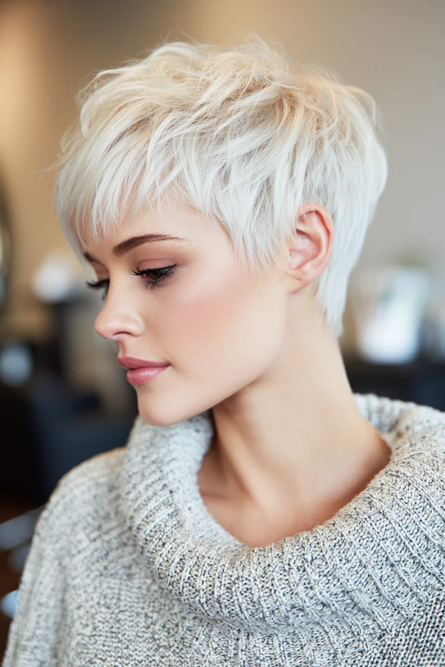 4. Choppy Platinum Pixie Cut (Kurze blonde Frisuren) – Kurze blonde Frisuren