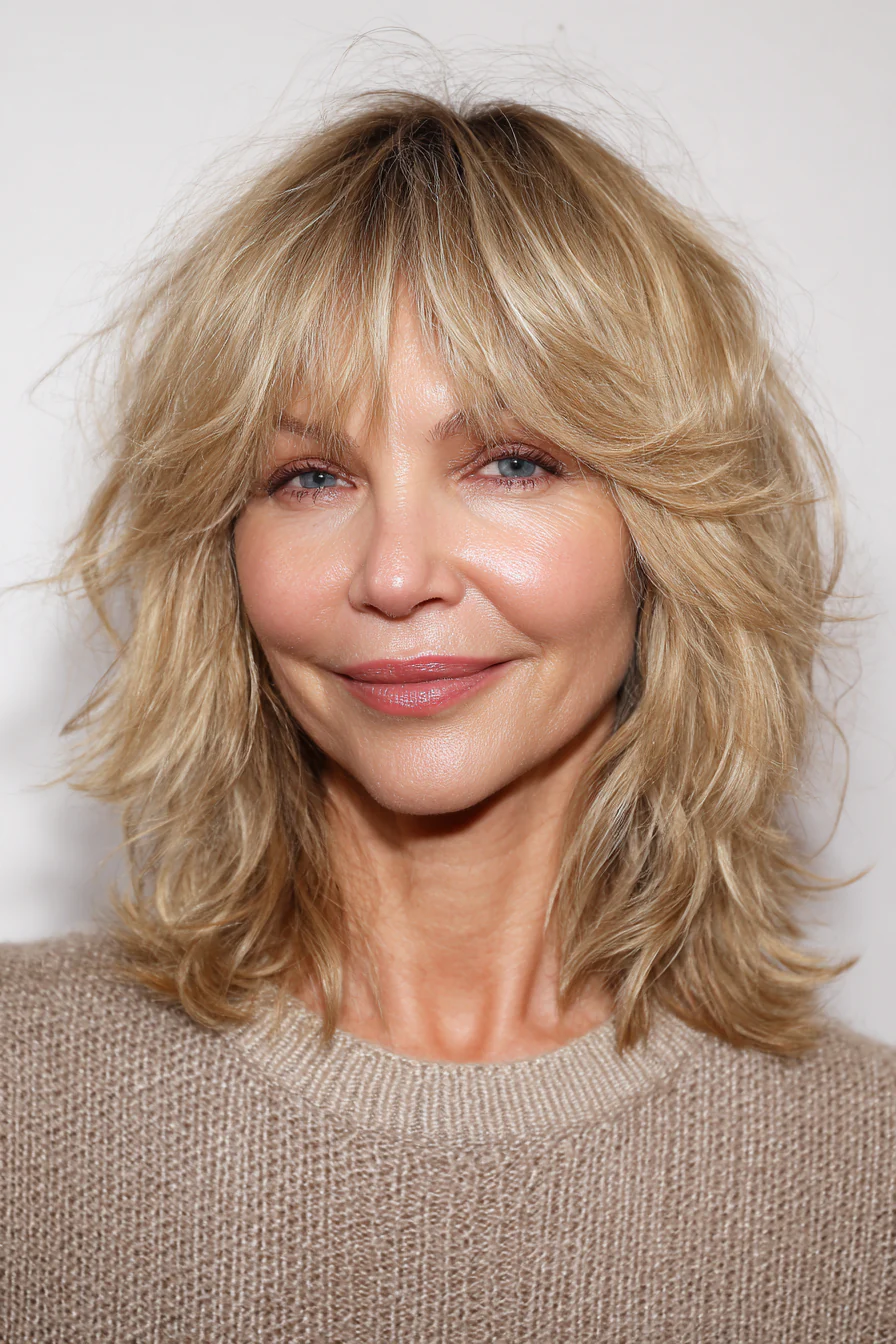 4. Klassischer gefiederter Shag in Sandblond (zottelige Haarschnitte für Frauen über 40) – Zottelige Haarschnitte für Frauen über 40