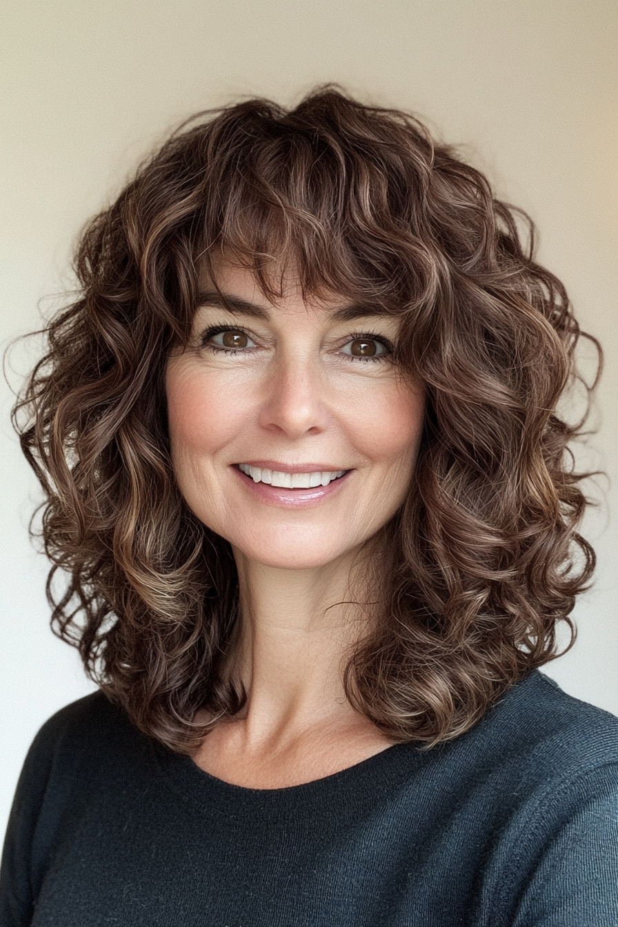 4. Kakao braune Mitte des Längen -Shag (lockige Frisuren für Frauen über 40) - lockige Frisuren für Frauen über 40