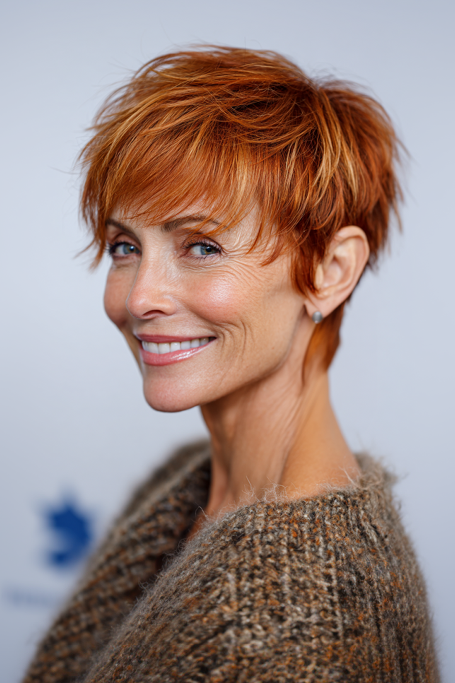 4. Kupfertönte gefiederte Pixie (Herbsthaarschnitte für Frauen über 50) - Herbsthaarschnitte für Frauen über 50